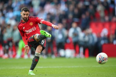 Bruno Fernandes of Manchester United strikes his penalty during the penalty shootout, during the Emirates FA Cup Semi-Final match Coventry City vs Manchester United at Wembley Stadium, London, United Kingdom, 21st April 202 clipart
