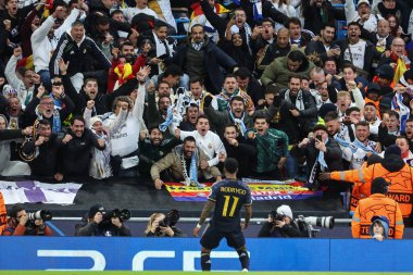 Real Madrid 'li Rodrygo, 17 Nisan 202 tarihinde Etihad Stadyumu' nda oynanan UEFA Şampiyonlar Ligi çeyrek final maçında 0-1 'lik galibiyet golünü kutluyor.