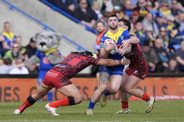 Warrington Wolves 'tan Connor Wrench, 20 Nisan 202' de Warliwell Jones Stadyumu, Warrington 'da oynanan 8. Betfred Süper Lig karşılaşmasında Leoparların savunmasında koşuyor.