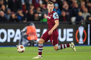 James Ward-Prowse of West Ham United in action during the UEFA Europa League Quarter-Final match West Ham United vs Bayer 04 Leverkusen at London Stadium, London, United Kingdom, 18th April 202 clipart