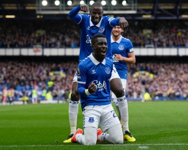 Everton 'dan İdrissa Gueye, İngiltere' nin Liverpool kenti Goodison Park 'ta oynanan Premier League maçında 1-0' lık skoru kutluyor.