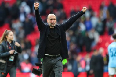 Pep Guardiola manager of Manchester City celebrates his teams win after the Emirates FA Cup Semi-Final match Manchester City vs Chelsea at Wembley Stadium, London, United Kingdom, 20th April 202 clipart