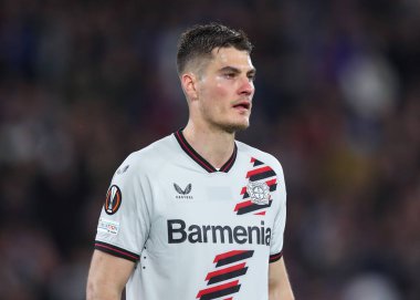 Bayer Leverkusen 'den Patrik Schick, UEFA Avrupa Ligi çeyrek final maçında West Ham United, Bayer 04 Leverkusen' e karşı Londra Stadyumu, Londra, İngiltere, 18 Nisan 202