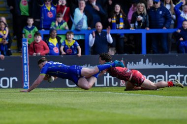 Warrington Wolves 'tan Matty Nicholson 20 Nisan 202' de Halliwell Jones Stadyumu, Warrington 'da oynanan Warrington Wolves - Leigh Leopards maçında gol atmak için çizgiyi geçti.