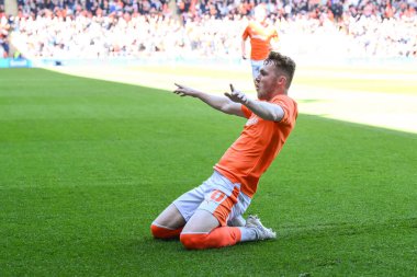 Sonny Carey of Blackpool celebrates his goal to make it 1-0 during the Sky Bet League 1 match Blackpool vs Barnsley at Bloomfield Road, Blackpool, United Kingdom, 20th April 202 clipart