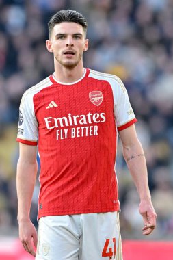 Arsenal 'den Declan Rice, Premier Lig maçı sırasında Wolverhampton Wanderers, Molineux, Wolverhampton, İngiltere' de Arsenal 'e karşı 20 Nisan 202