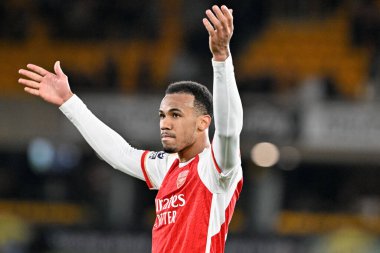 William Saliba of Arsenal celebrates the full time result, during the Premier League match Wolverhampton Wanderers vs Arsenal at Molineux, Wolverhampton, United Kingdom, 20th April 202 clipart