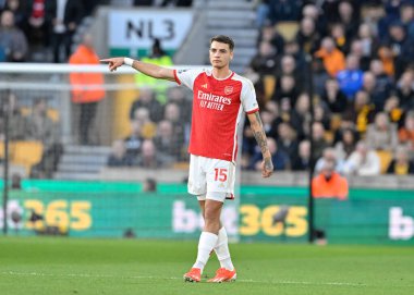Arsenal 'den Jakub Kiwior, Premier Lig maçı sırasında Wolverhampton Wanderers, Molineux, Wolverhampton, İngiltere' de Arsenal 'e karşı, 20 Nisan 202