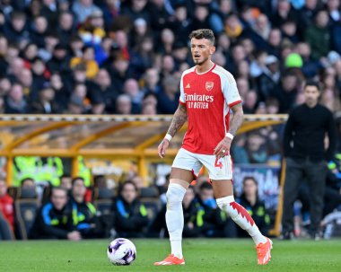 Arsenal 'den Ben White, Premier Lig maçı sırasında Wolverhampton Wanderers, Molineux, Wolverhampton, İngiltere' de 20 Nisan 202 'de Arsenal' e karşı.