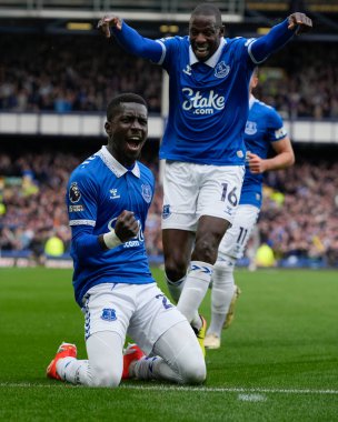 Everton 'dan İdrissa Gueye, İngiltere' nin Liverpool kenti Goodison Park 'ta oynanan Premier League maçında 1-0' lık skoru kutluyor.