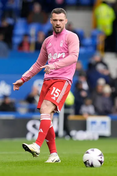 stock image Harry Toffolo of Nottingham Forest warms up before the Premier League match Everton vs Nottingham Forest at Goodison Park, Liverpool, United Kingdom, 21st April 202