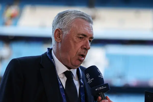 stock image Carlo Ancelotti being interviewed during the UEFA Champions League Quarter Final Manchester City vs Real Madrid at Etihad Stadium, Manchester, United Kingdom, 17th April 202