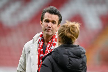 Wrexham Co-Owner Rob McElhenney speaks with reporter following the Sky Bet League 2 match Wrexham vs Stockport County at SToK Cae Ras, Wrexham, United Kingdom, 27th April 202 clipart