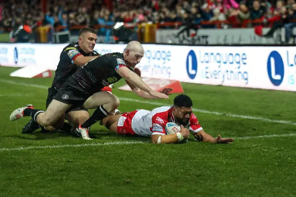 stock image Kelepi Tanginoa of Hull KR goes over for a try during the Betfred Super League Round 9 match Hull KR vs Wigan Warriors at Sewell Group Craven Park, Kingston upon Hull, United Kingdom, 26th April 202