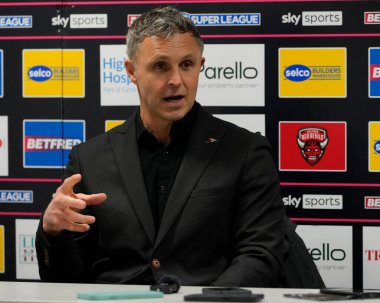 Paul Rowley Head Coach of Salford Red Devils speaks to the press after the Betfred Super League Round 9 match Salford Red Devils vs Warrington Wolves at Salford Community Stadium, Eccles, United Kingdom, 27th April 202 clipart