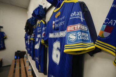 Salford Ulusal Stadyumu 'ndaki Wolves soyunma odasının genel görünümü Betfred Süper Lig 9. Maçı öncesi Salford Red Devils vs Warrington Wolves Salford Community Stadyumu, Eccles, Birleşik Krallık, 27 Nisan 202
