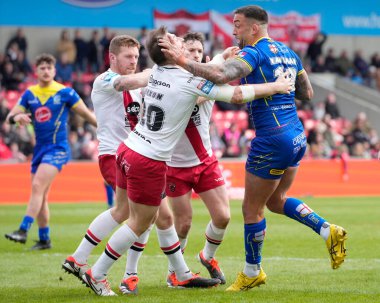 Paul Vaughan of Warrington Wolves drives through the Salford Red Devils defence during the Betfred Super League Round 9 match Salford Red Devils vs Warrington Wolves at Salford Community Stadium, Eccles, United Kingdom, 27th April 202 clipart