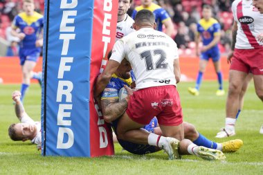 Paul Vaughan of Warrington Wolves drives through the Salford Red Devils defence during the Betfred Super League Round 9 match Salford Red Devils vs Warrington Wolves at Salford Community Stadium, Eccles, United Kingdom, 27th April 202 clipart
