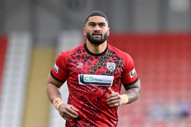 Leigh Leopar takımından Ricky Leutele maçtan önce ısınıyor, Betfred Süper Lig 9. Raundda Leigh Leopards ile Catalans Dragons maçında Leigh Spor Köyü, Leigh, Birleşik Krallık, 26 Nisan 202