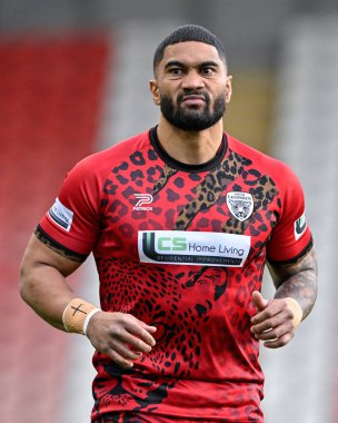 Leigh Leopar takımından Ricky Leutele maçtan önce ısınıyor, Betfred Süper Lig 9. Raundda Leigh Leopards ile Catalans Dragons maçında Leigh Spor Köyü, Leigh, Birleşik Krallık, 26 Nisan 202