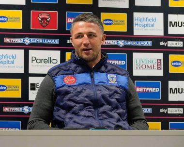Sam Burgess, Head Coach of Warrington Wolves speaks to the press after the Betfred Super League Round 9 match Salford Red Devils vs Warrington Wolves at Salford Community Stadium, Eccles, United Kingdom, 27th April 202 clipart