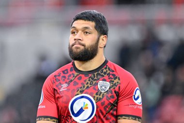 Leigh Leopards 'dan John Asiata maçtan önce ısınıyor, Betfred Süper Lig 9. Raundda Leigh Leopards' a karşı Catalans Dragons Leigh Spor Köyü, Leigh, İngiltere, 26 Nisan 202 'de oynanan karşılaşmada.