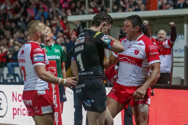 stock image Ryan Hall of Hull KR celebrates his try during the Betfred Super League Round 9 match Hull KR vs Wigan Warriors at Sewell Group Craven Park, Kingston upon Hull, United Kingdom, 26th April 202