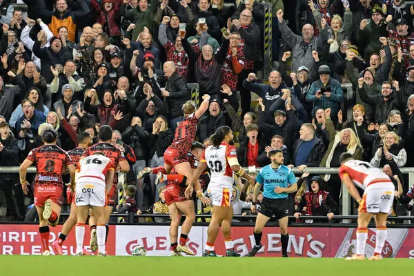 stock image Kai ODonnell of Leigh Leopards celebrates his try to make it 22-2 Leigh Leopards, during the Betfred Super League Round 9 match Leigh Leopards vs Catalans Dragons at Leigh Sports Village, Leigh, United Kingdom, 26th April 2023