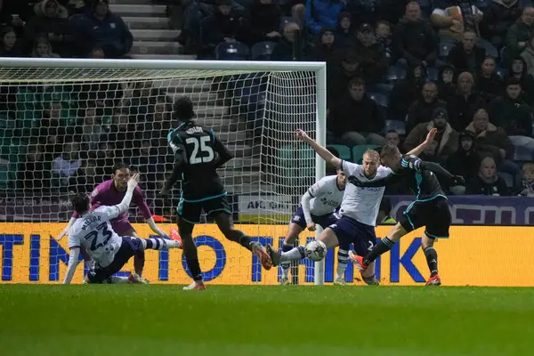 stock image Jamie Vardy of Leicester City scores a goal to make it 0-1 during the Sky Bet Championship match Preston North End vs Leicester City at Deepdale, Preston, United Kingdom, 29th April 202