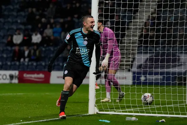 Jamie Vardy Leicester City Comemora Depois Que Ele Marca Gol — Fotografia de Stock