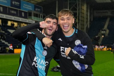 Tom Cannon of Leicester City and Callum Doyle of Leicester City celebrate after becoming champions with their 0-3 win in the Sky Bet Championship match Preston North End vs Leicester City at Deepdale, Preston, United Kingdom, 29th April 202 clipart