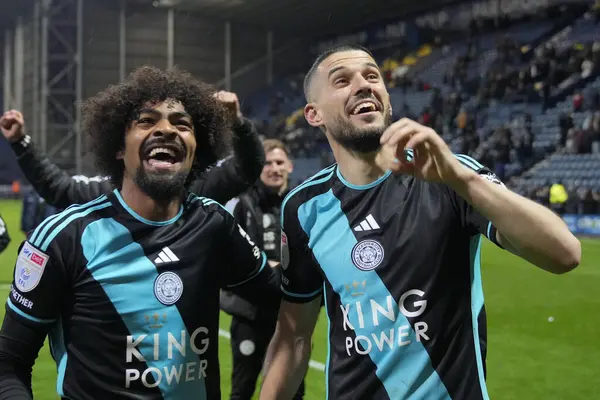 stock image Conor Coady of Leicester City and Hamza Choudhury of Leicester City celebrate after the Sky Bet Championship match Preston North End vs Leicester City at Deepdale, Preston, United Kingdom, 29th April 202