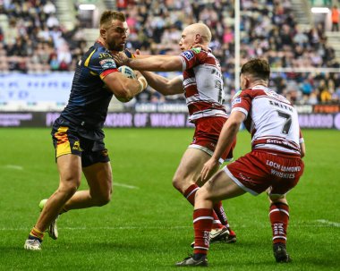 Katalan Ejderhaları 'ndan Mike McMeeken, Wigan Warriors' un 2 Mayıs 2024 'te Wigan, İngiltere' deki DW Stadyumu 'nda oynanan 10. 