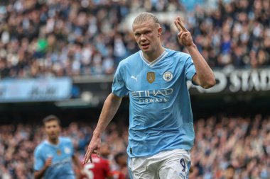 Erling Haaland  of Manchester City celebrates his goal to make it 3-0 during the Premier League match Manchester City vs Wolverhampton Wanderers at Etihad Stadium, Manchester, United Kingdom, 4th May 2024 clipart