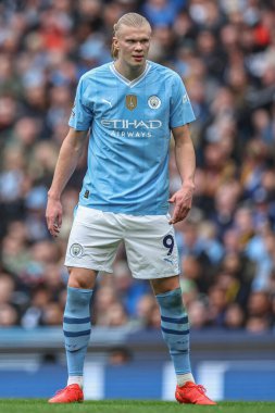 Manchester City ile Wolverhampton Wanderers arasında oynanan Premier League maçı sırasında Manchester City 'den Erling Haaland, Etihad Stadyumu, Manchester, 4 Mayıs 2024