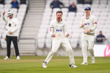 Dan Moriarty of Yorkshire celebrates taking the wicket of Billy Root of Glamorgan caught by Finlay Bean of Yorkshire during the Vitality County Championship Division 2 match Yorkshire vs Glamorgan at Headingley Cricket Ground, Leeds, United Kingdom,  clipart