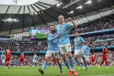 Erling Haaland  of Manchester City celebrates his goal to make it 1-0 during the Premier League match Manchester City vs Wolverhampton Wanderers at Etihad Stadium, Manchester, United Kingdom, 4th May 2024 clipart