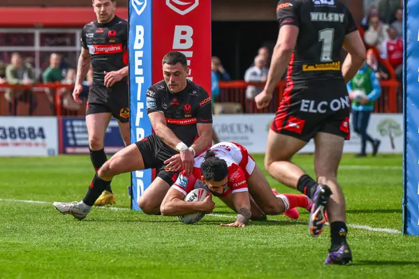 stock image Tyrone May of Hull KR goes over for a try during the Betfred Super League Round 10 match Hull KR vs St Helens at Sewell Group Craven Park, Kingston upon Hull, United Kingdom, 4th May 2024