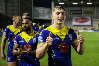 Matty Nicholson of Warrington Wolves celebrates his teams win after the Betfred Super League Round 11 match Warrington Wolves vs Hull KR at Halliwell Jones Stadium, Warrington, United Kingdom, 9th May 2024 clipart