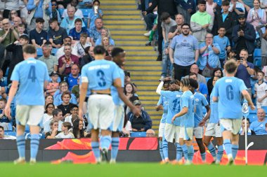Manchester City 'den Jaden Heskey, Manchester City' nin 10 Mayıs 2024 'te Etihad Stadyumu' nda oynanan FA Gençler Kupası Finali 'nde Manchester City ile Leeds United maçında 2-0' lık Manchester City maçına çıkma golünü kutluyor. 