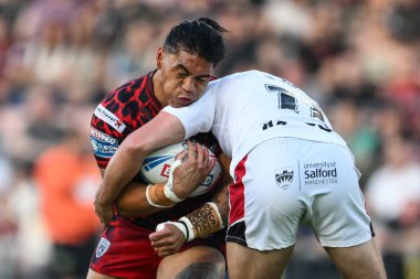 Leigh Leoparları 'ndan Tom Amone, Salford Red Devils takımından Sam Stone tarafından oynanan 11. Betfred Süper Lig karşılaşmasında Leigh Leopards, Salford Red Devils' e karşı Leigh Spor Köyü, Leigh, Birleşik Krallık, 10 Mayıs 2024 'te oynanan karşılaşmada yenildi. 