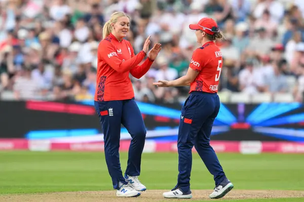 stock image Sarah Glenn of England celebrates bowling Waheeda Akhtar of Pakistan  during the First T20 International match England women vs Pakistan women at Edgbaston, Birmingham, United Kingdom, 11th May 2024 