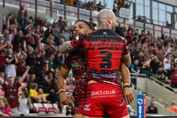 stock image Umyla Hanley of Leigh Leopards goes over for a try during the Betfred Super League Round 11 match Leigh Leopards vs Salford Red Devils at Leigh Sports Village, Leigh, United Kingdom, 10th May 2024 