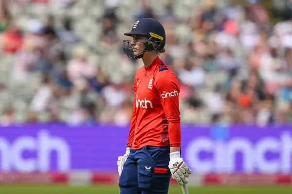 stock image Freya Kemp of England leaves the field after being run out by Muneeba Ali of Pakistan during the First T20 International match England women vs Pakistan women at Edgbaston, Birmingham, United Kingdom, 11th May 2024 