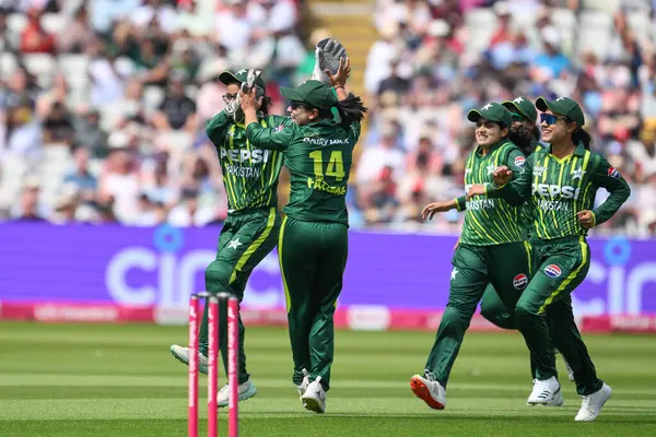 stock image Muneeba Ali of Pakistan celebrates running out Freya Kemp of England during the First T20 International match England women vs Pakistan women at Edgbaston, Birmingham, United Kingdom, 11th May 2024 