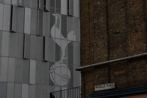 stock image The Tottenham Hotspur badge on the outside of the stadium during the Premier League match Tottenham Hotspur vs Manchester City at Tottenham Hotspur Stadium, London, United Kingdom, 14th May 2024 