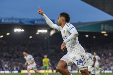 Leeds United takımından Georginio Rutter, 16 Mayıs 2024 'te İngiltere' nin Elland Road kentinde oynanan Yarı Final İkinci Leg United - Norwich City maçında 3-0 berabere kalma golünü kutluyor. 