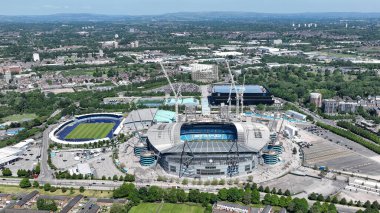 An aerial view of the Etihad Stadium ahead of the Premier League match Manchester City vs West Ham United at Etihad Stadium, Manchester, United Kingdom, 19th May 2024 