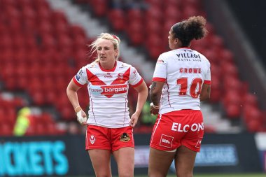 Jodie Cunningham of St Helens speaks to Chantelle Crowl of St Helens during the Betfred Women's Challenge Cup match St Helens Women vs York City Knights Women at Eco-Power Stadium, Doncaster, United Kingdom, 18th May 2024