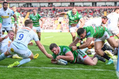 Leicester Tigers 'dan Julin Montoya çizgiye dalıyor ama Gallagher Premiership maçında Leicester Tigers Exeter Chiefs' e karşı Mattioli Woods Welford Road, Leicester, İngiltere 'de 18 Mayıs 2024' te oynanan maçta kısa bir ara veriyor.